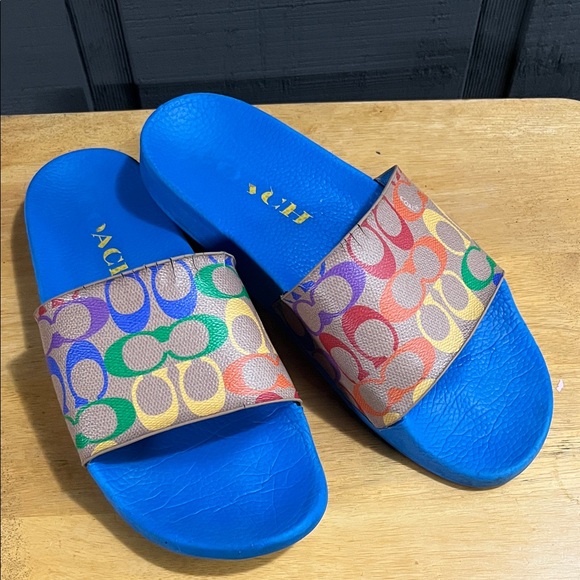 Coach Men Blue Slides with Multicolor Coach Logo Pattern - Picture 1 of 9